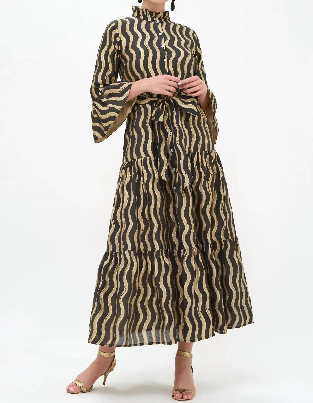 Ruffle Collar Bell Maxi Dress In Black/ankara Maxi Skirt Look