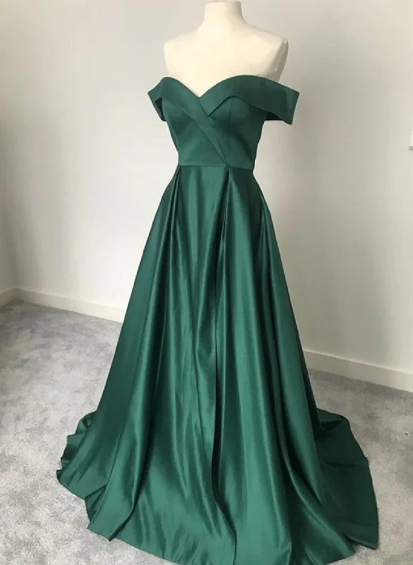 Simple Green Satin Long Off Shoulder Prom Dress, Off Shoulder Emerald Green Long Formal Evening Dress Soft Pleated Maxi