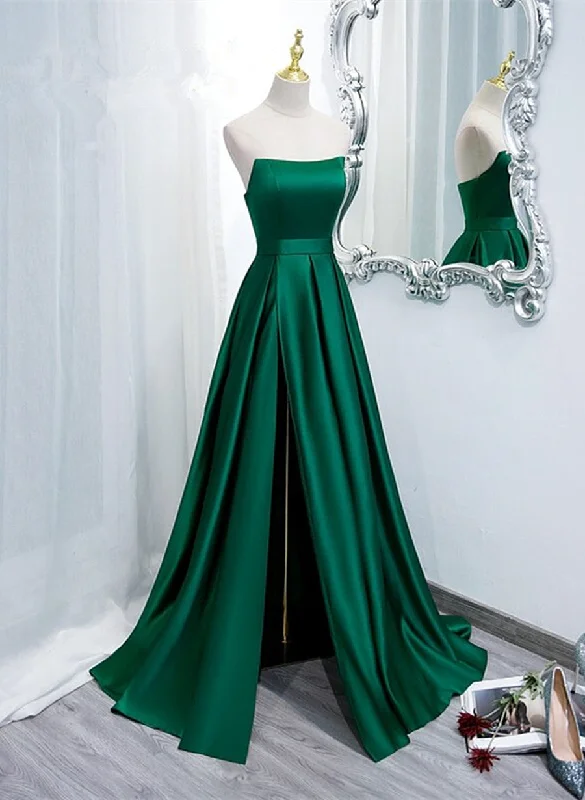 Simple Satin Green Long Evening Dress with Slit, Green A-line Prom Dress Soft Maxi Dress