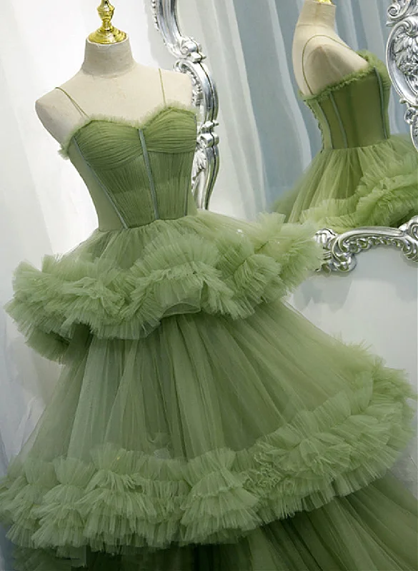 Spaghetti Straps  Green Tulle Layers Long Sweet 16 Dress, Green Evening Prom Dress Chic Maxi Dress