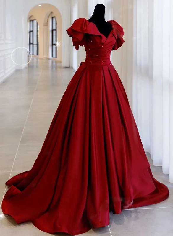 Wine Red Satin V-neckline Long Formal Dress with Bow, Wine Red Sweet 16 Dress Long Boho Skirt