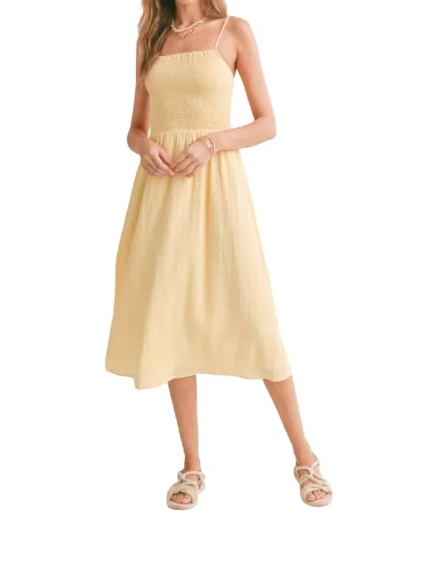 Bird Song Smocked Midi Dress In Lemon Elegant Satin Skirt