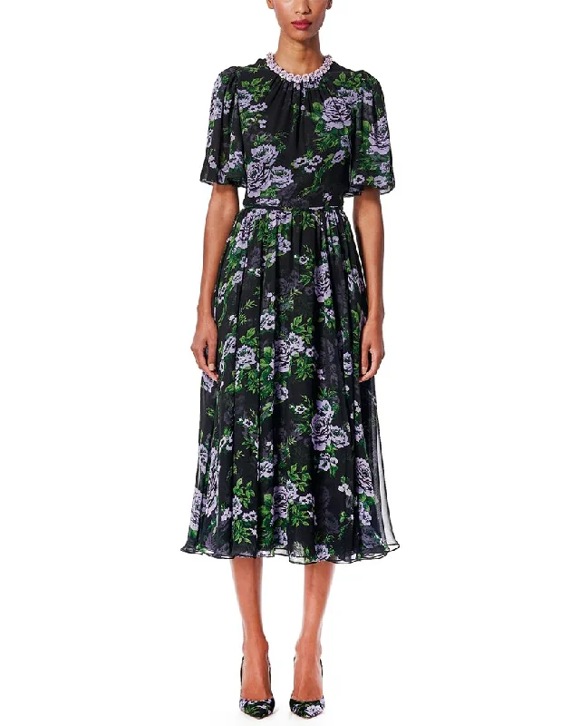 Carolina Herrera Gathered Crewneck Silk Midi Dress Lace Trim Midi