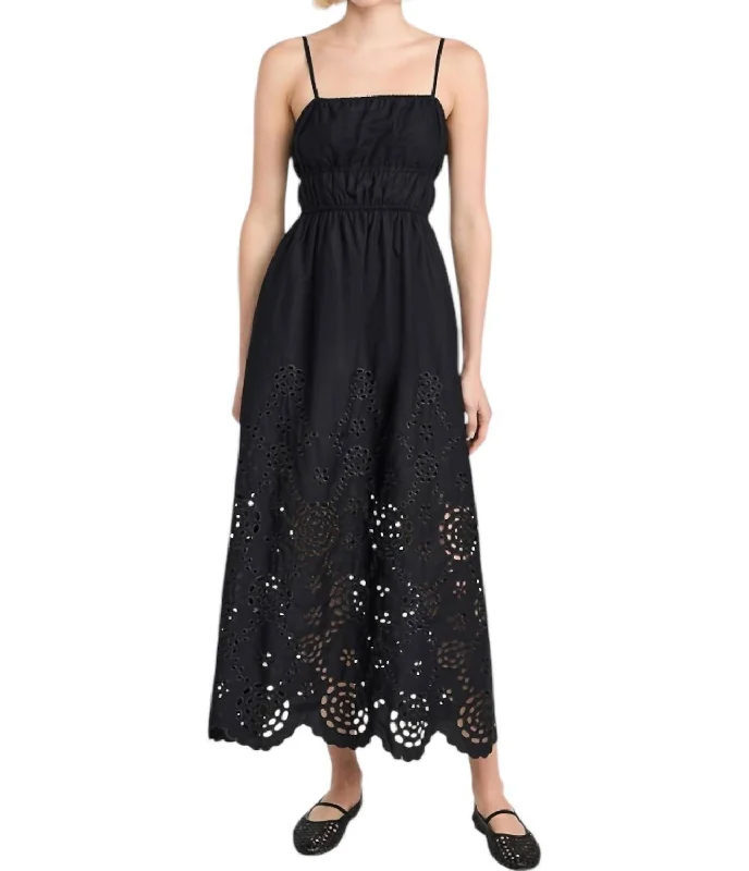 Embroidered Tank Midi Dress In True Black Classic A-line Skirt