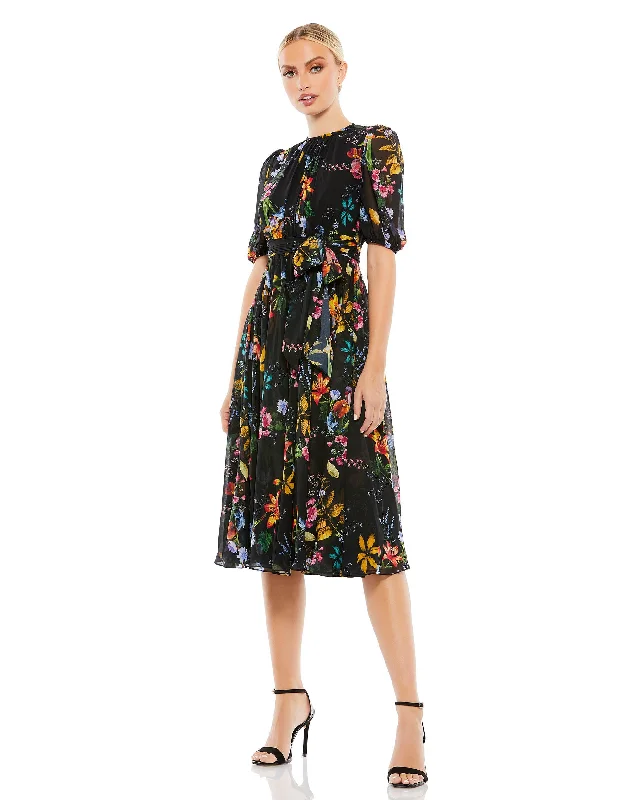 Floral Pattern High Neck Belted Midi Dress Structured Midi Skirt