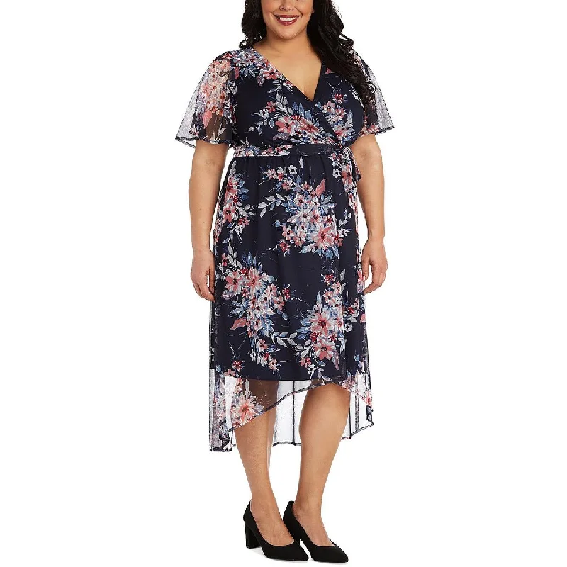 Plus Womens Floral Faux Wrap Midi Dress Pleated A-line Skirt