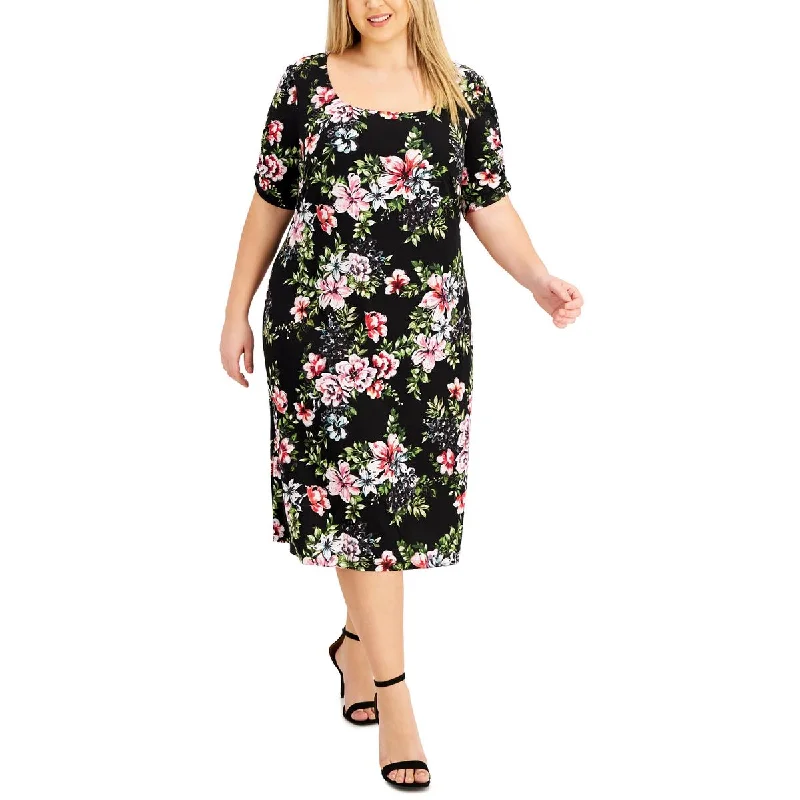 Plus Womens Floral Scoop Neck Midi Dress Formal Midi Skirt