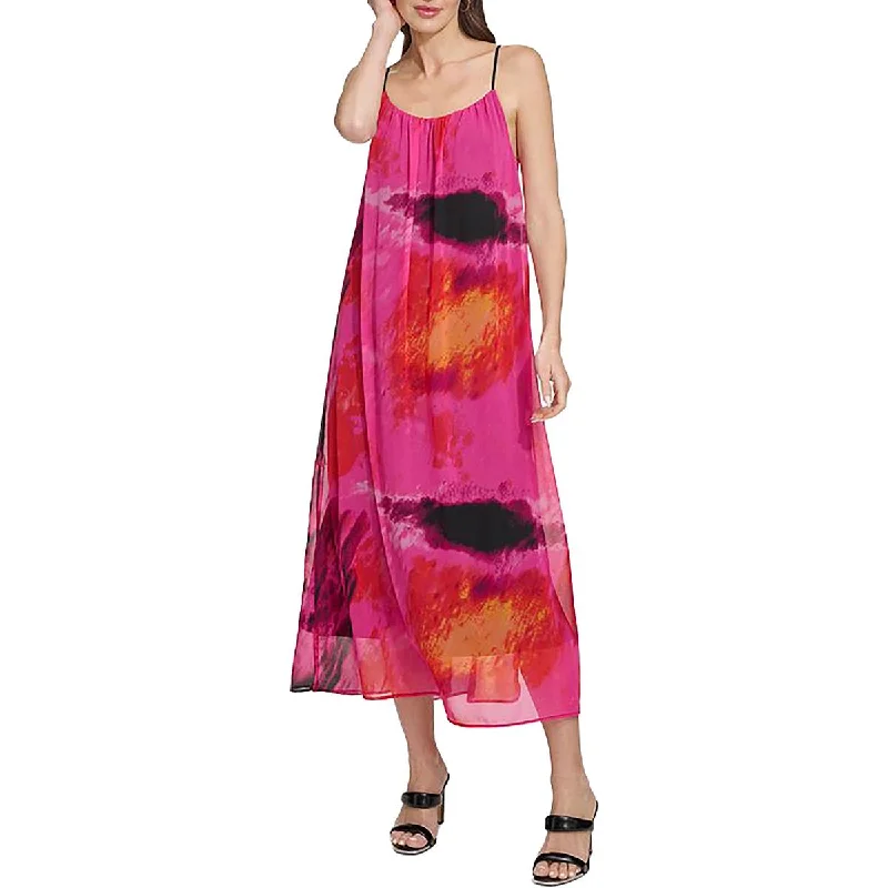 Womens Chiffon Printed Midi Dress Wool Midi Skirt