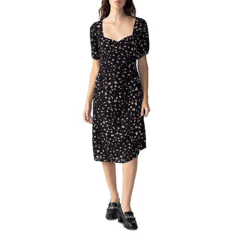 Womens Floral Tie Waist Midi Dress Soft Denim Midi