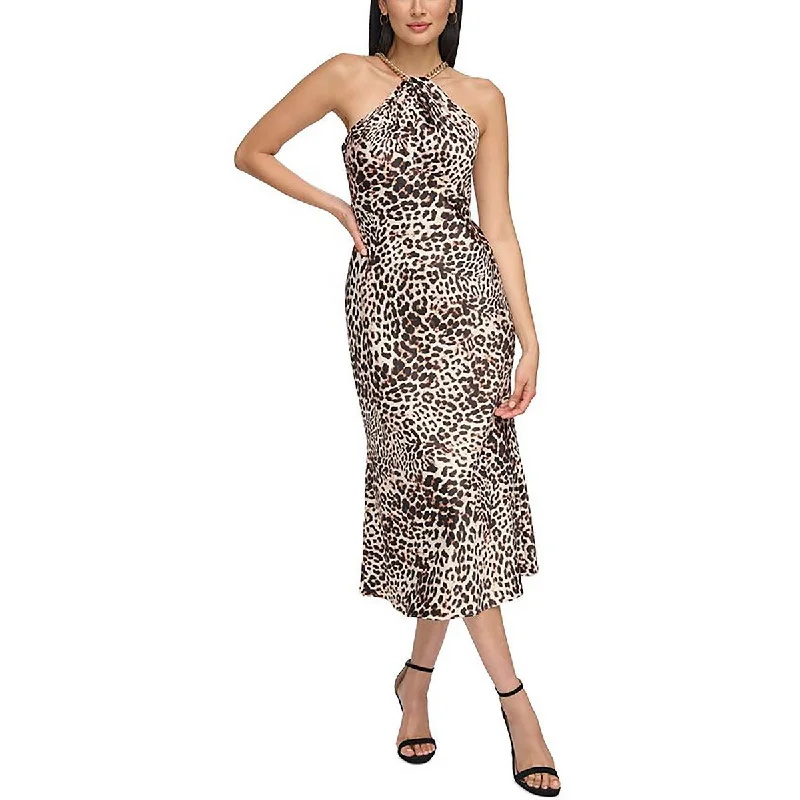 Womens Satin Animal Print Midi Dress Wraparound Midi Skirt