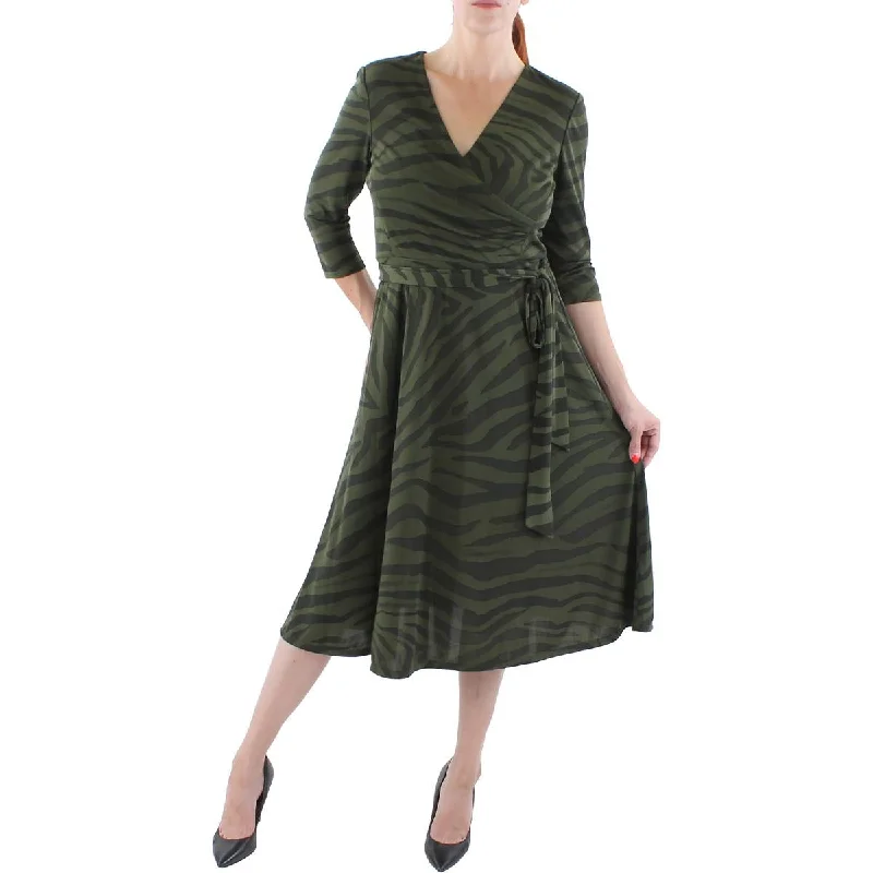 Womens Surplice Printed Midi Dress Soft A-line Skirt